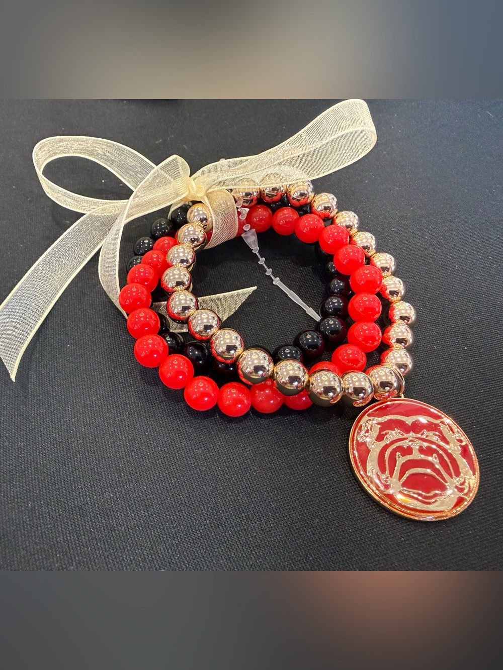 NWT - Georgia Bulldog Gold, Red & Black Beaded Stretch Charm Bracelet Set